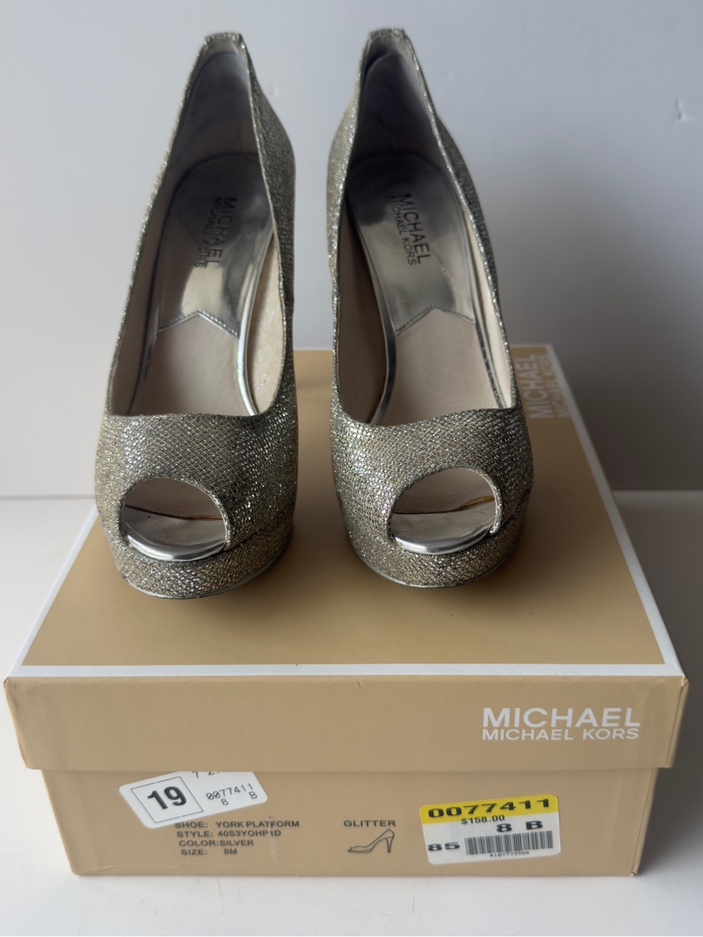 Michael Kors York Platform Women's Size 8M Silver Sparkle Open Toe Glitter Heels